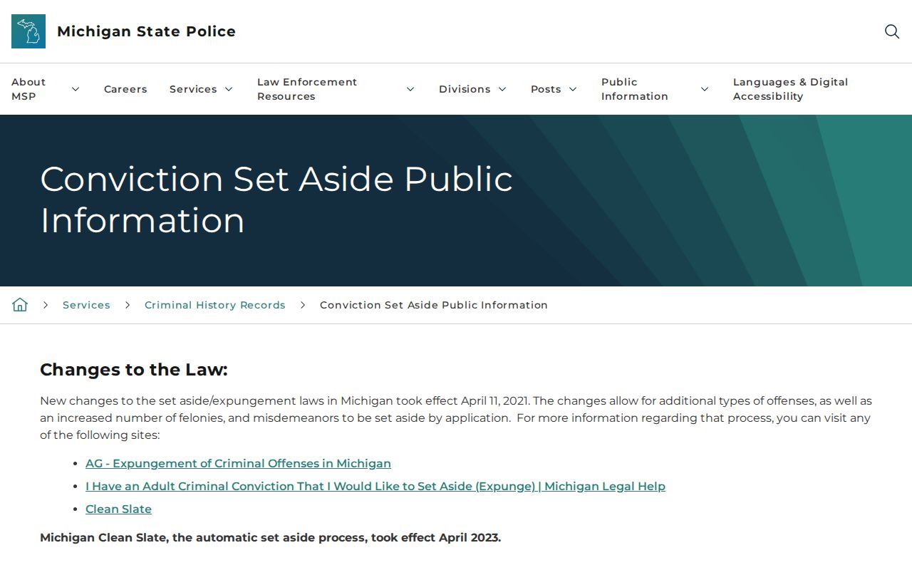 Michigan conviction set-aside information for Bay County court records